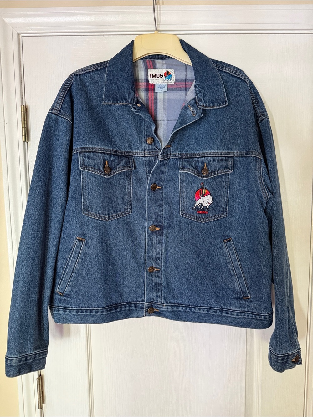 Imus vintage men’s Denim Embroidered American Flag Jacket Size XL